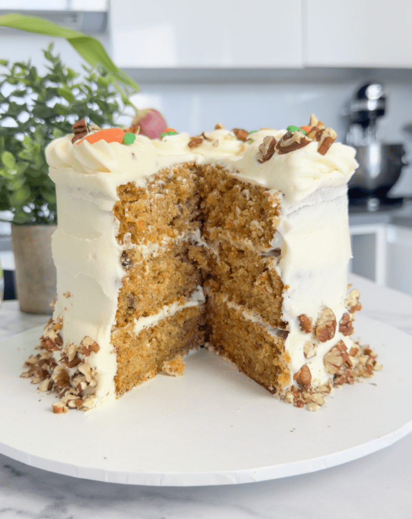 homemade carrot cake with cream cheese icing close up