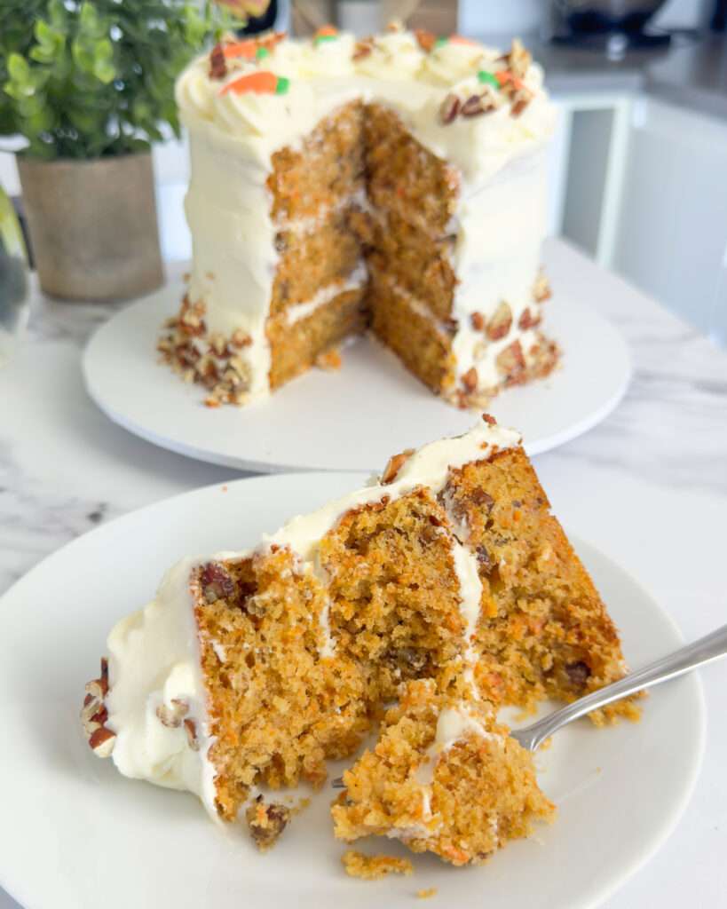 homemade carrot cake with cream cheese icing close up