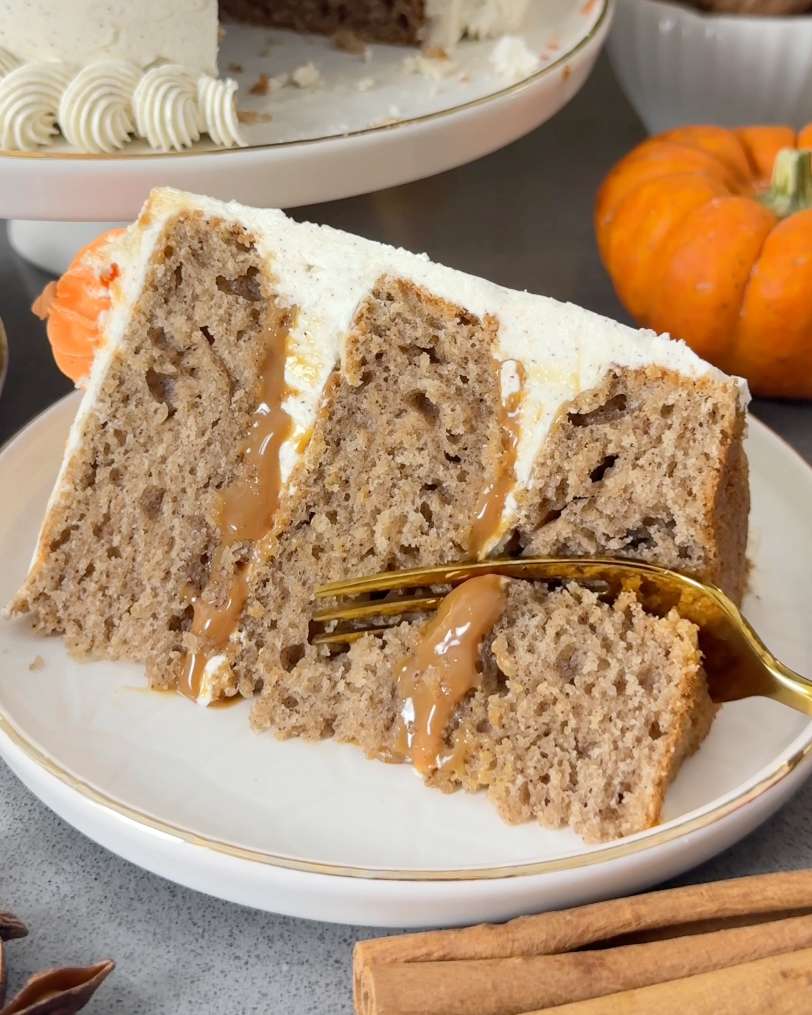 taking a fork of cinnamon toffee cake